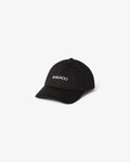 Black baseball cap with a logo on a white background