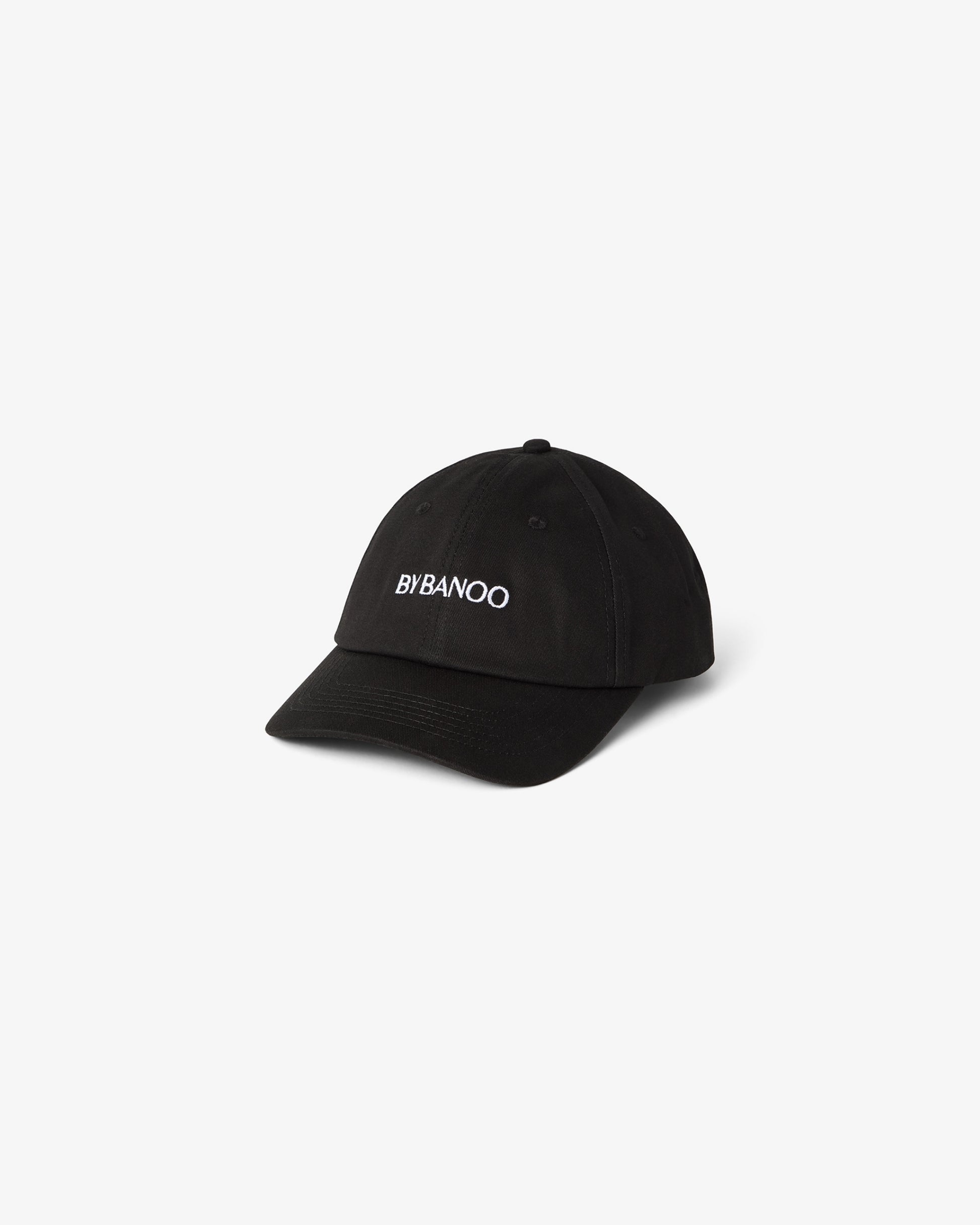 Black baseball cap with a logo on a white background