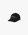 A black cotton cap with the text 