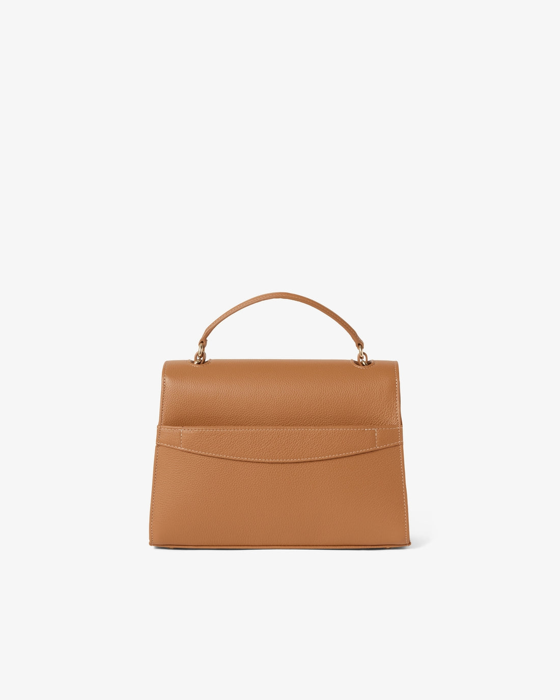 A structured tan leather handbag with a top handle and a luggage strap, shown from the back against a plain white background.