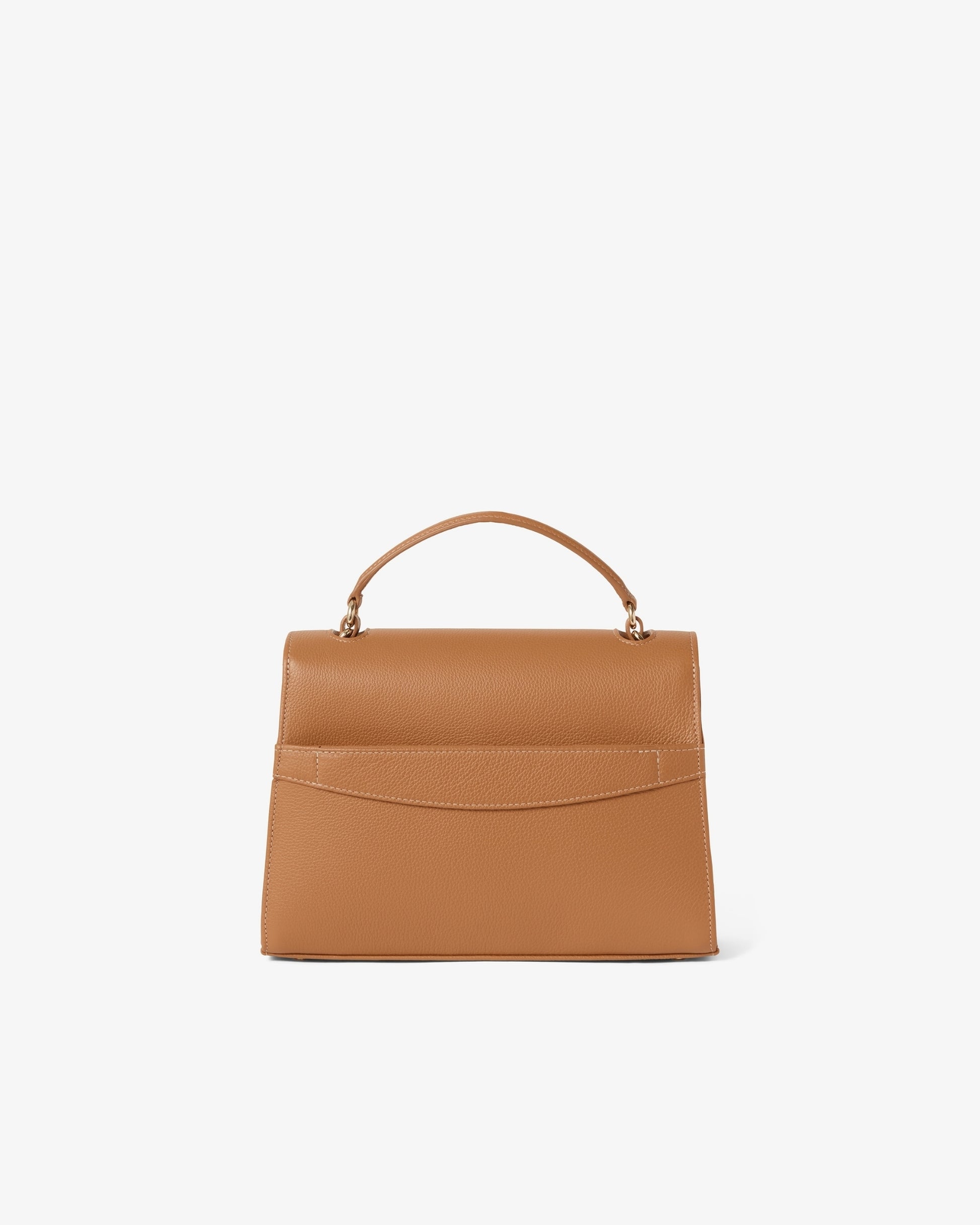 A structured tan leather handbag with a top handle and a luggage strap, shown from the back against a plain white background.