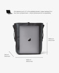 A black laptop tote bag shown on a light gray background with overlaid dimension lines and text indicating its size: 26 cm wide by 35.5 cm high, suitable for laptops up to 14 inches.