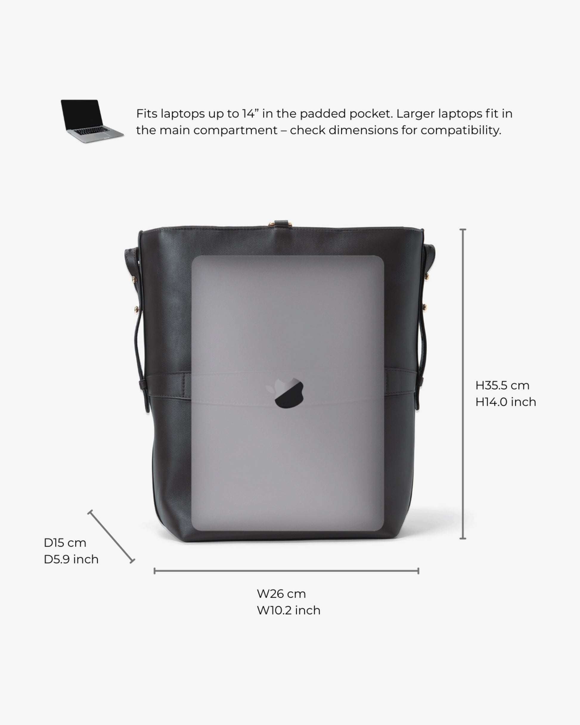 A black laptop tote bag shown on a light gray background with overlaid dimension lines and text indicating its size: 26 cm wide by 35.5 cm high, suitable for laptops up to 14 inches.