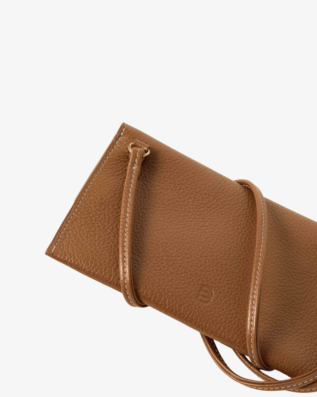 A close-up of a brown pebbled leather clutch or wallet-style handbag with a matching strap, shown on a plain light gray background.