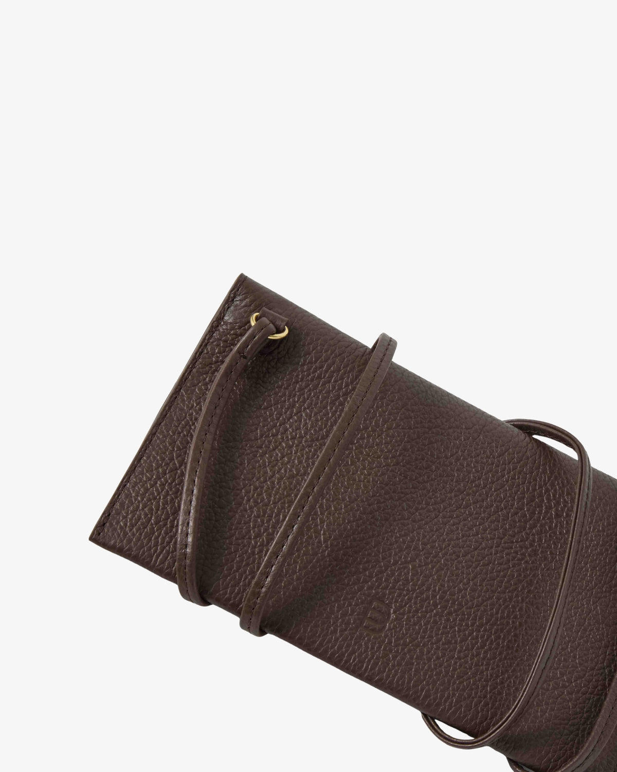 A close-up of a dark brown pebbled leather clutch or pouch with a matching leather strap and a small gold-tone ring detail, shown against a plain light gray background.