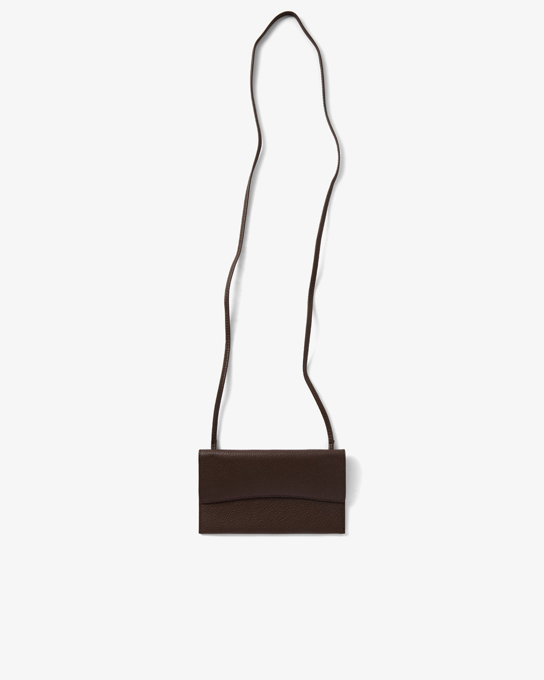 A dark brown leather crossbody bag with a long, thin strap, shown flat against a light gray background.