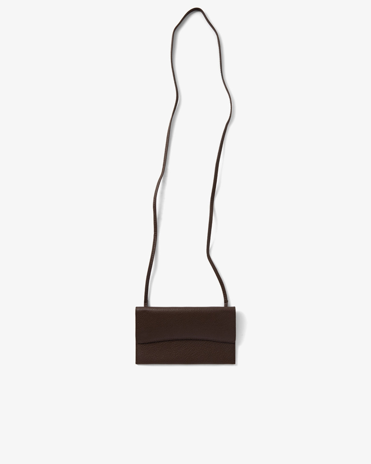 A dark brown leather crossbody bag with a long, thin strap, shown flat against a light gray background.
