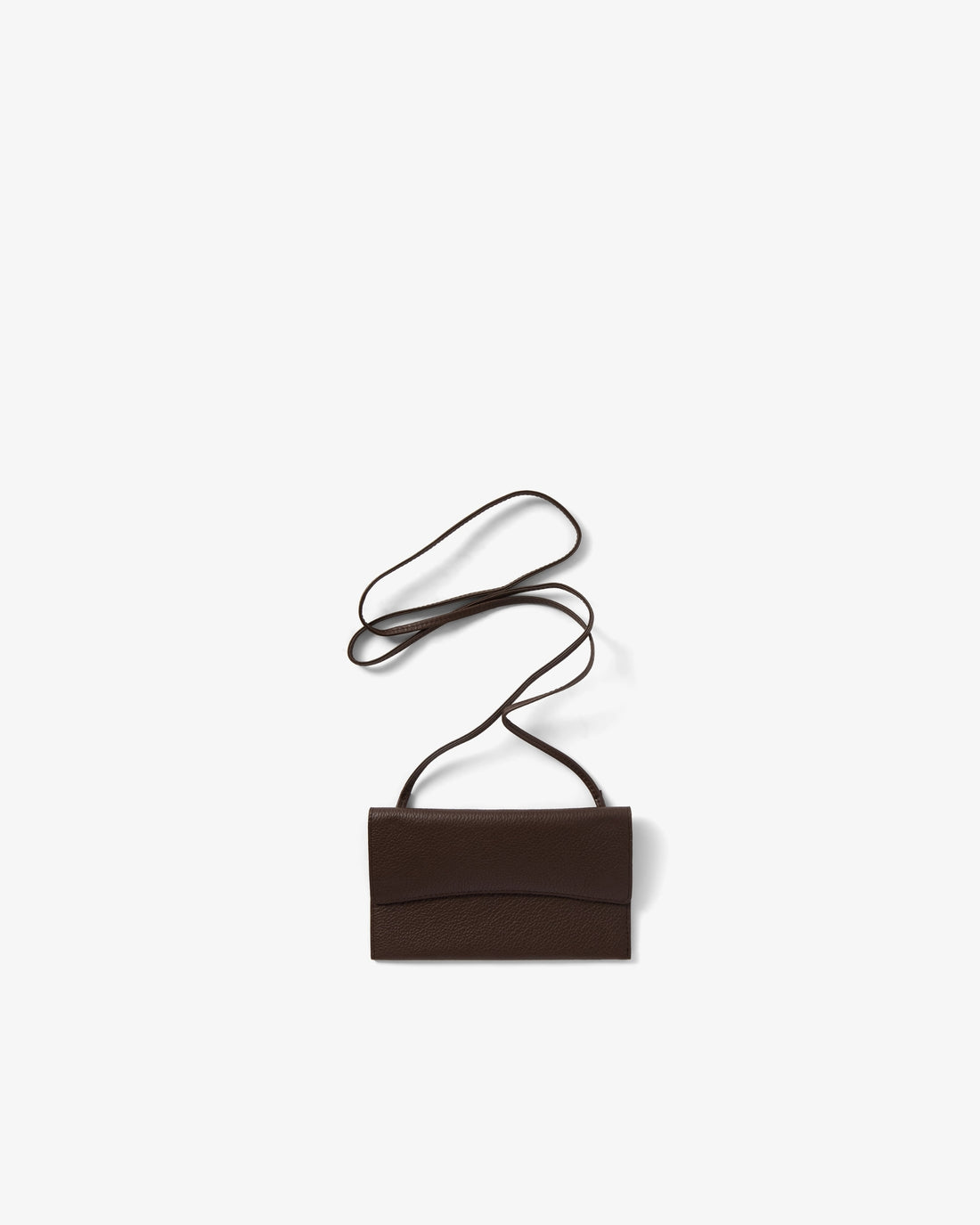 A small dark brown leather clutch bag with a thin matching shoulder strap, photographed flat against a light gray background.