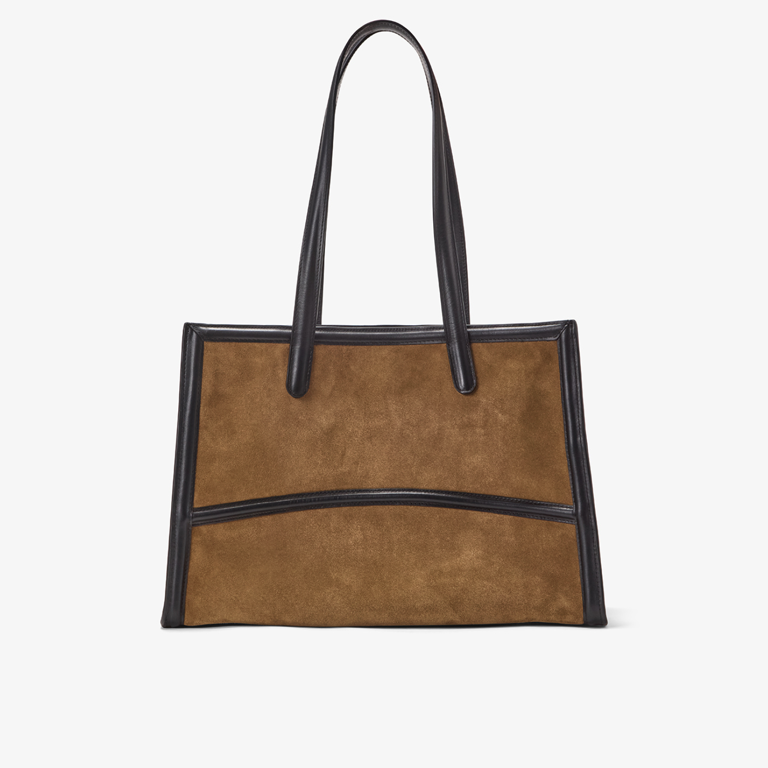 The Capacious Tote in the color Pecan/Gold. A structured suede and leather tote bag featuring elegant double handles and a curved exterior leather details. 
