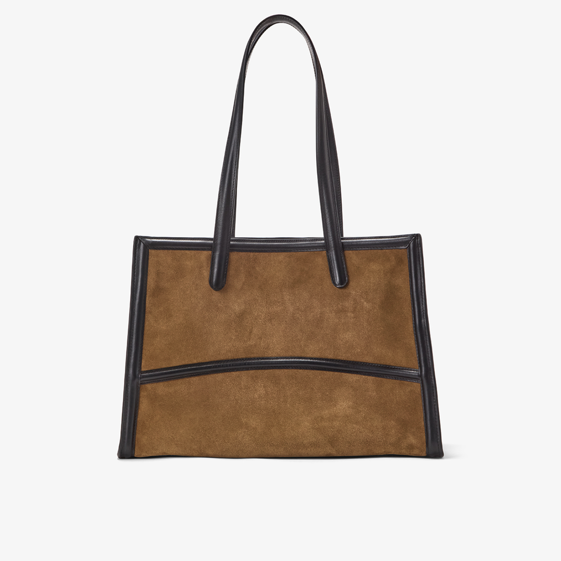 The Capacious Tote in the color Pecan/Gold. A structured suede and leather tote bag featuring elegant double handles and a curved exterior leather details. 