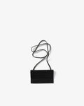 A minimalist black envelope-style bag with a thin black shoulder strap, photographed flat on a clean white background.