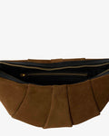 Close-up of a brown suede pleated clutch bag with a black interior and gold zipper, shown against a plain white background.