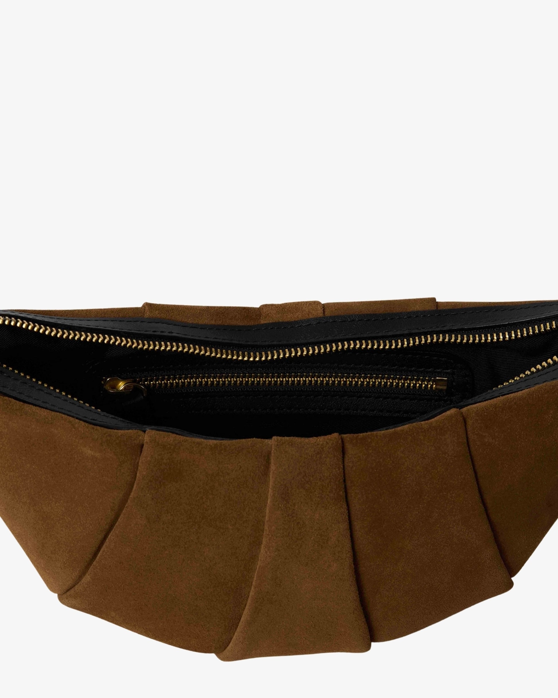 Close-up of a brown suede pleated clutch bag with a black interior and gold zipper, shown against a plain white background.