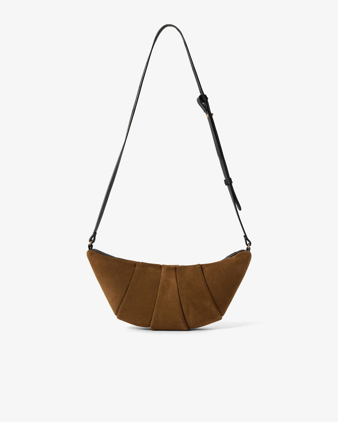 A brown suede crescent-shaped shoulder bag with a black leather strap, displayed against a clean white background.