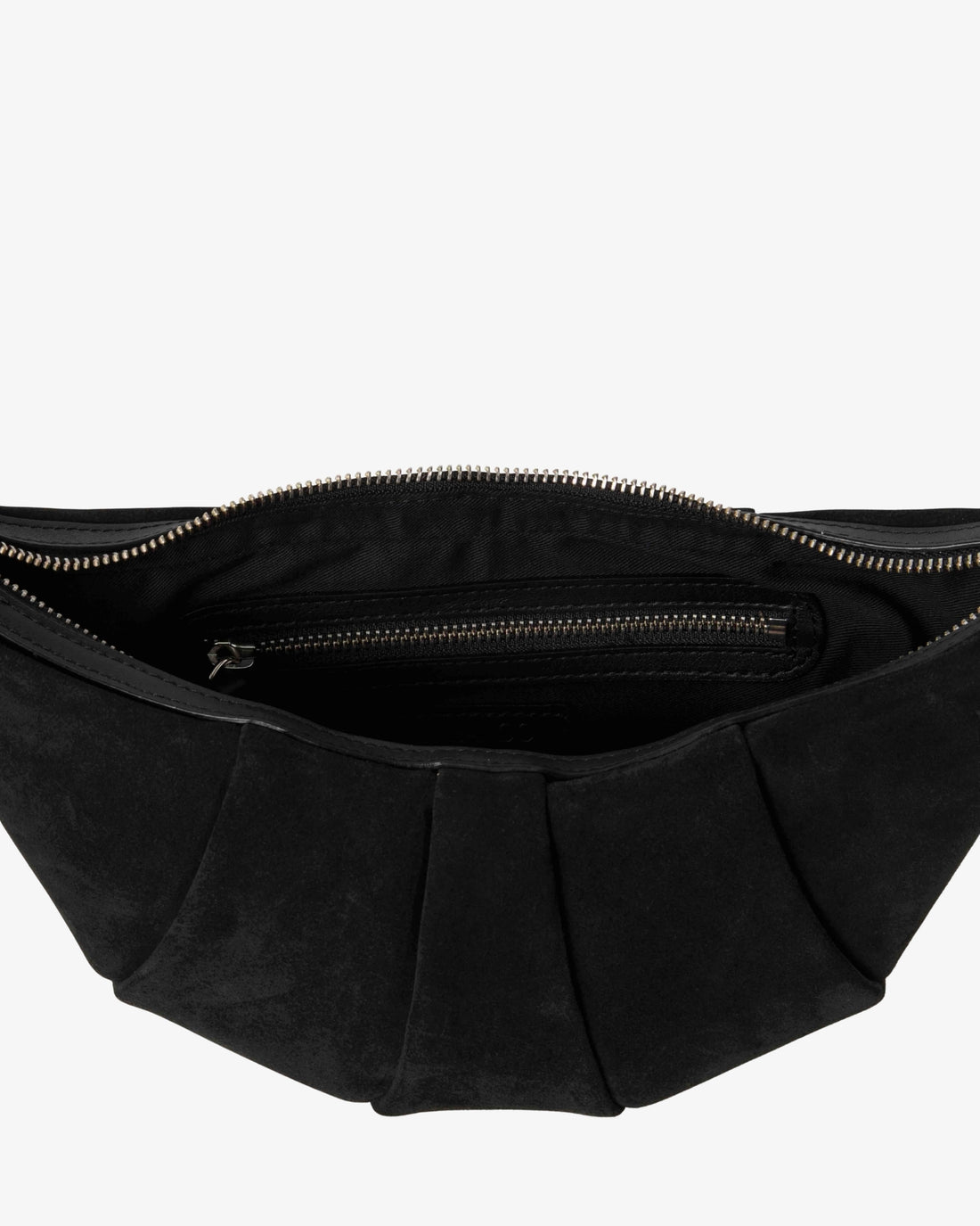 Close-up of the interior of a black pleated suede bag, showing a zippered compartment with a silver-tone zipper pull against a light gray background.