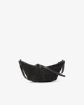A black crescent-shaped shoulder bag with a textured suede-like finish and a thin black strap, photographed against a solid white background.