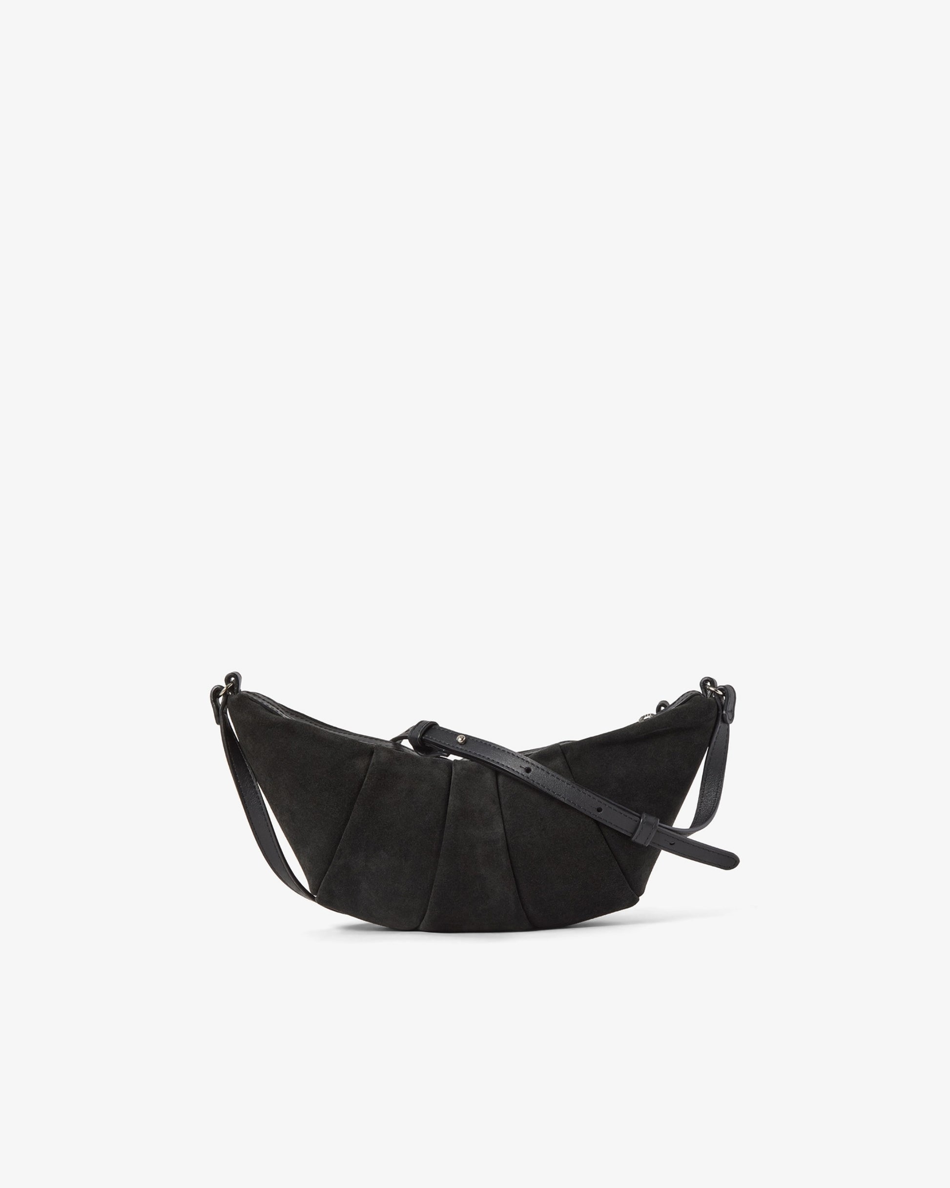 A black crescent-shaped shoulder bag with a textured suede-like finish and a thin black strap, photographed against a solid white background.