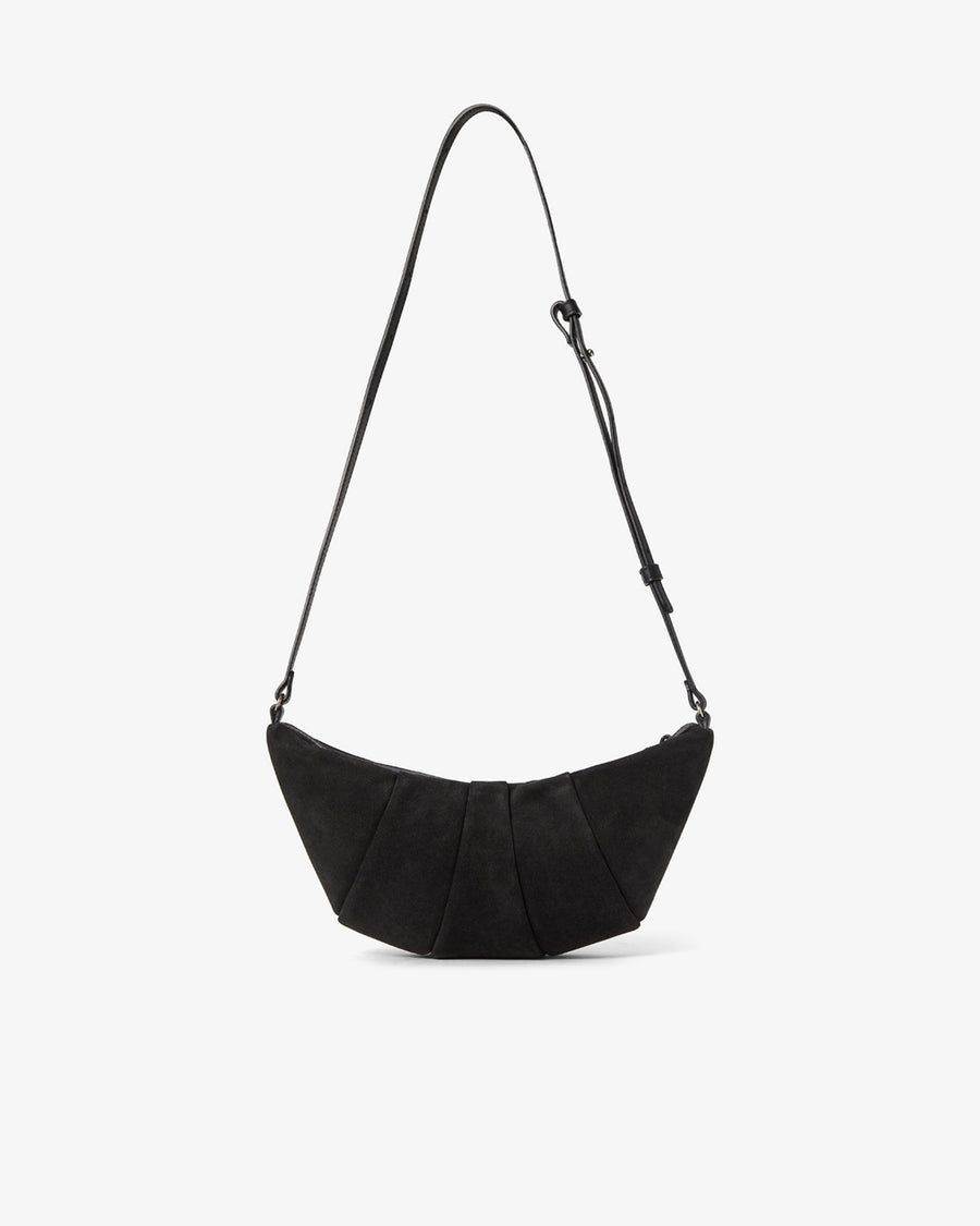 A black crescent-shaped shoulder bag made of textured suede, featuring a long thin shoulder strap and a pleated front design, shown against a plain white background.