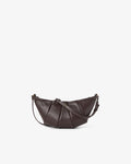 A dark brown leather crescent-shaped shoulder bag with a long strap, displayed against a solid off-white background.