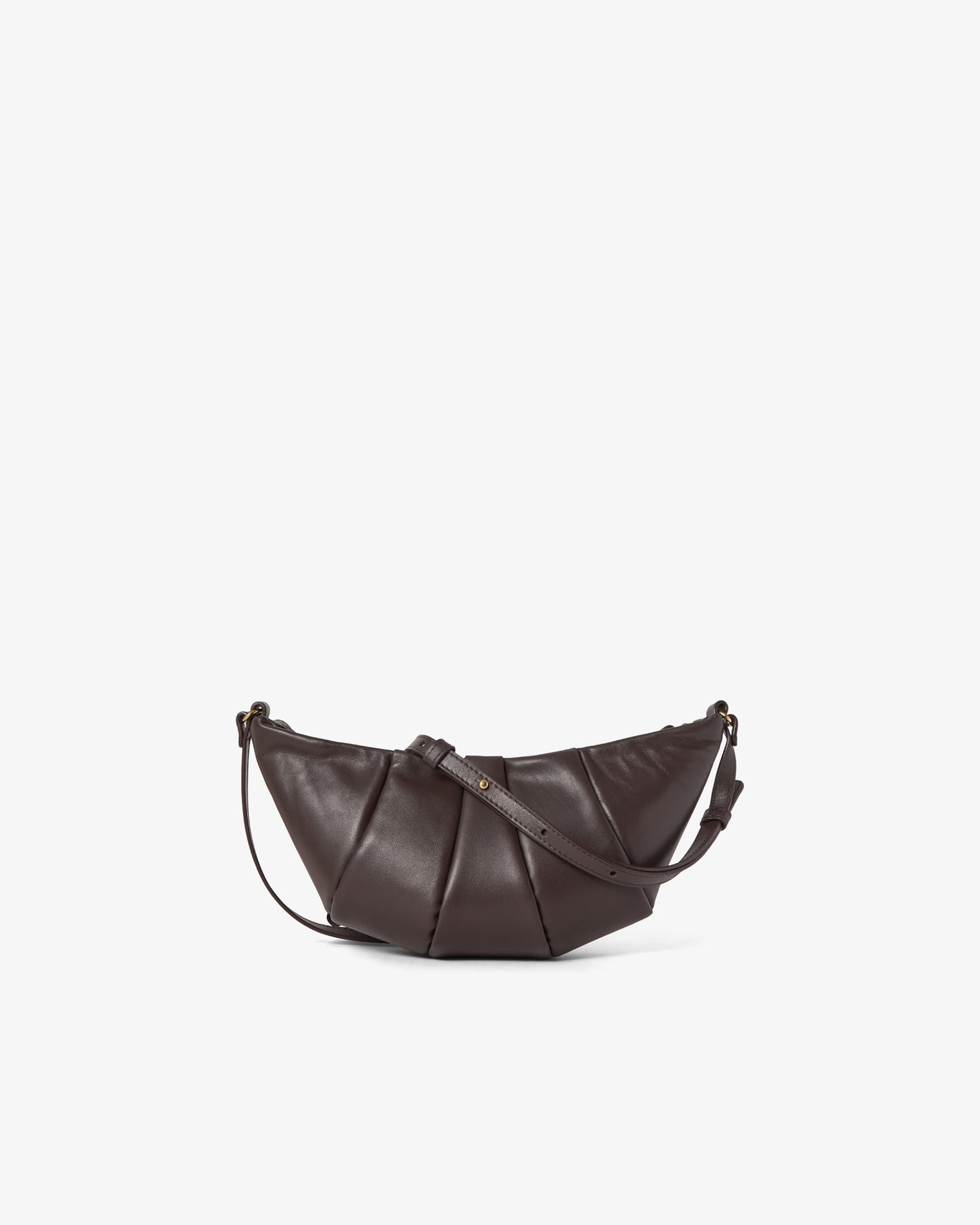 A dark brown leather crescent-shaped shoulder bag with a long strap, displayed against a solid off-white background.