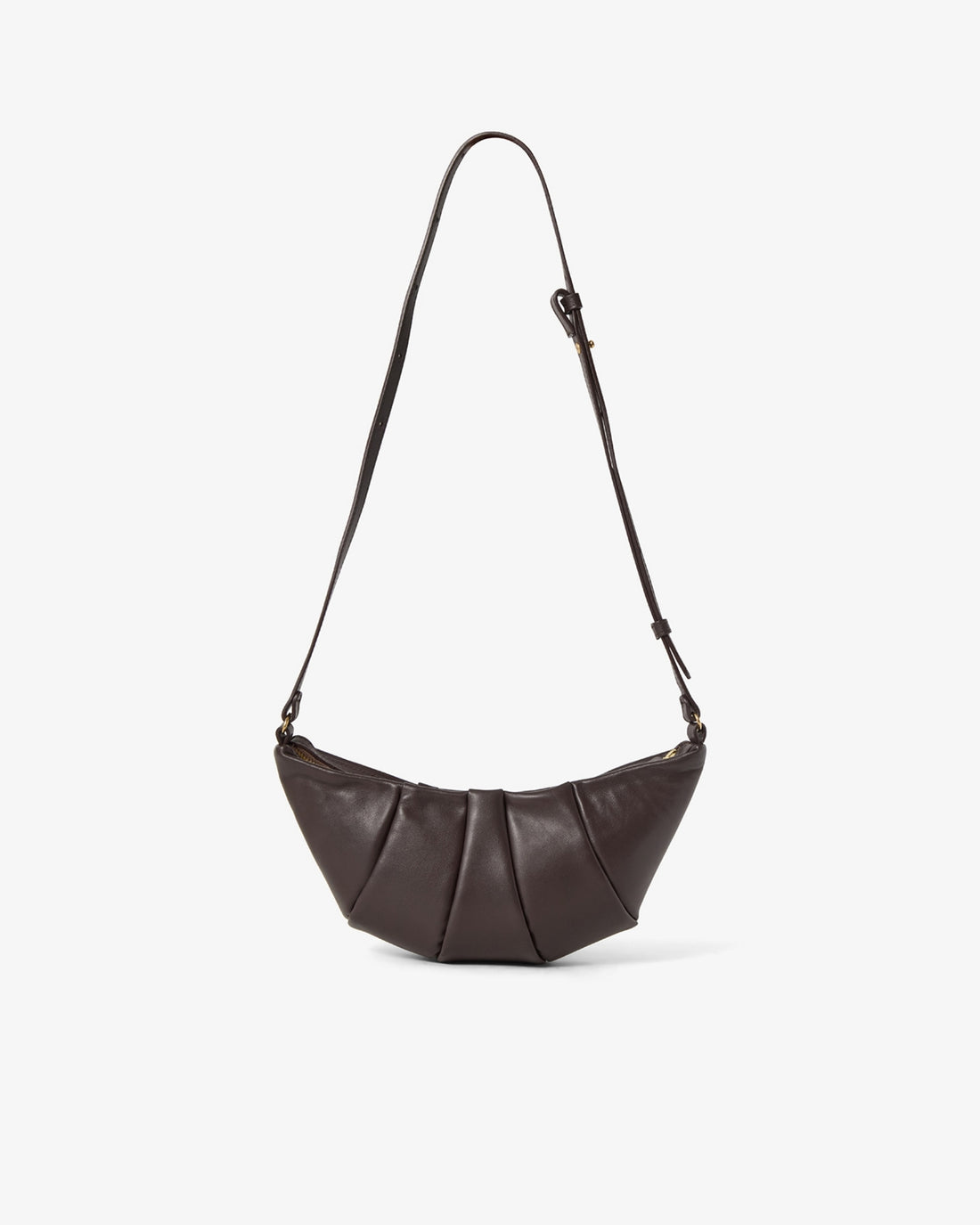 A dark brown leather crescent shoulder bag with a pleated front design and a thin adjustable shoulder strap, shown against a plain white background.