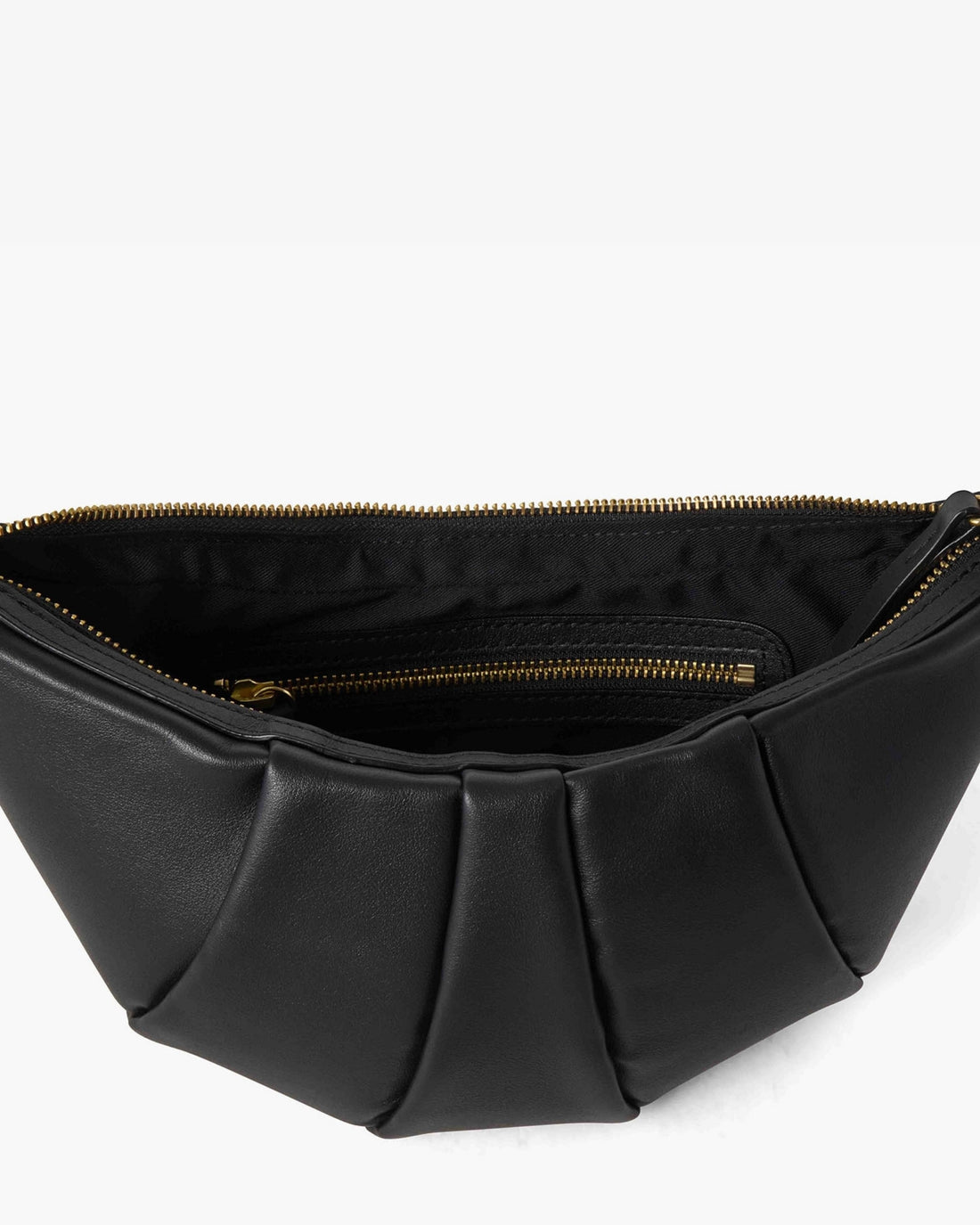 Black pleated leather bag with gold-tone zippers, shown open to reveal the interior lining and a zippered pocket.