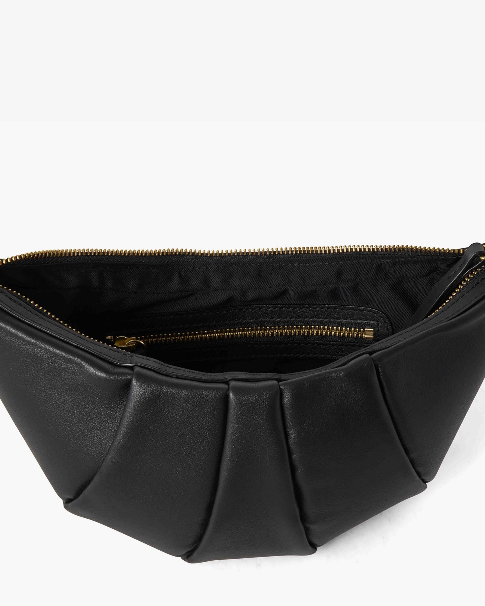 Black pleated leather bag with gold-tone zippers, shown open to reveal the interior lining and a zippered pocket.