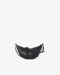 A black crescent-shaped leather crossbody bag with a unique pleated texture and a thin shoulder strap, shown against a plain white background.