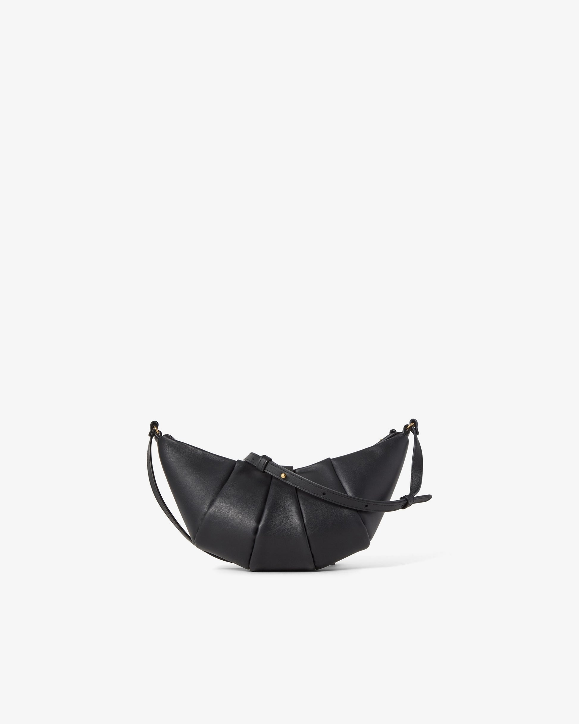 A black crescent-shaped leather crossbody bag with a unique pleated texture and a thin shoulder strap, shown against a plain white background.