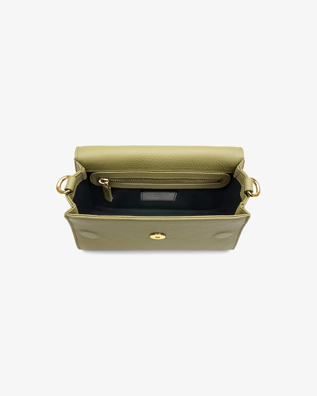 A light green leather handbag with a top handle and gold hardware, shown against a white background.