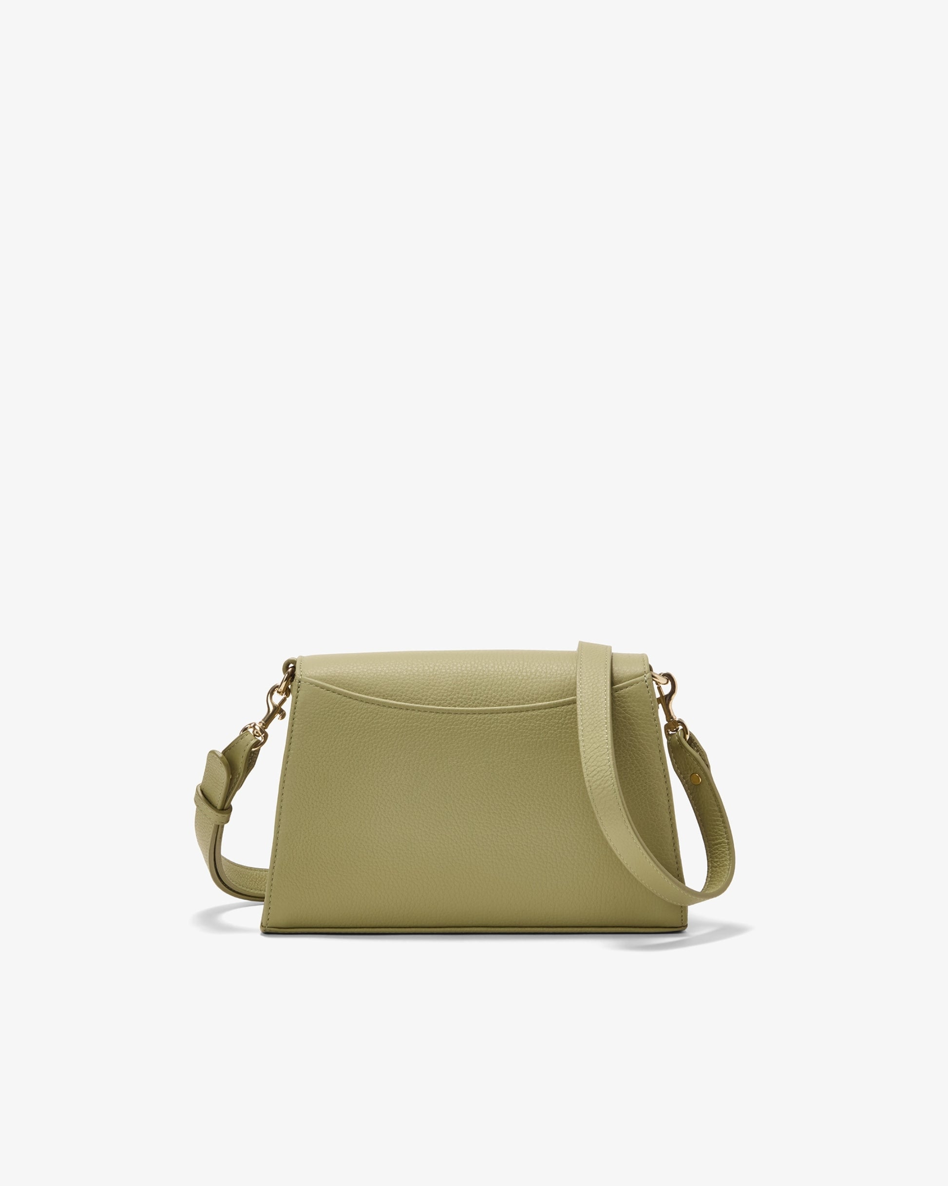 An olive green leather shoulder bag with a flap closure and a matching shoulder strap, shown against a plain white background.