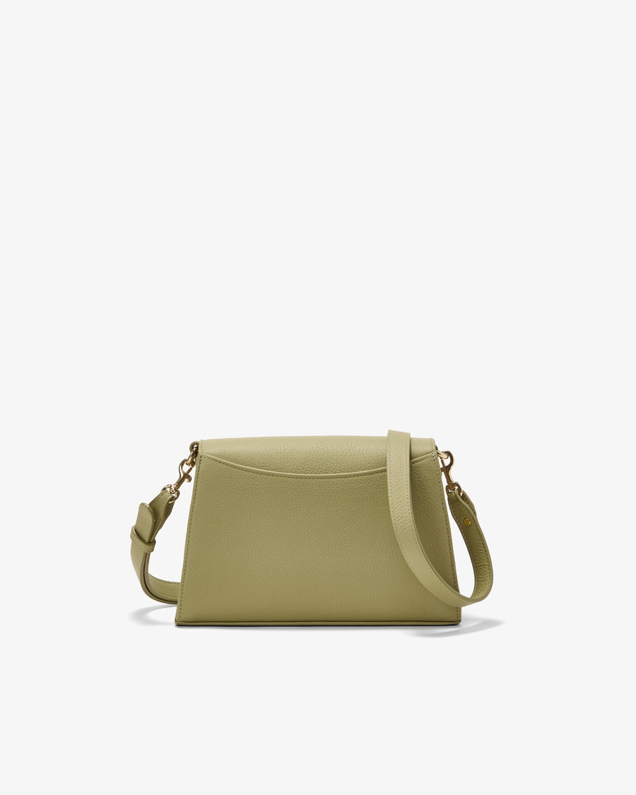 An olive green leather shoulder bag with a flap closure and a matching shoulder strap, shown against a plain white background.