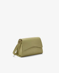 A small olive green leather bag with a flap closure and a matching shoulder strap, shown on a clean white background.