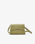 A light olive green leather crossbody bag with a curved flap and a matching shoulder strap, shown against a plain white background.