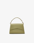 A light green leather handbag with a top handle and gold hardware, shown against a white background.