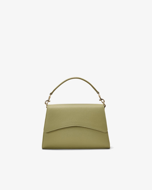 A light green leather handbag with a top handle and gold hardware, shown against a white background.