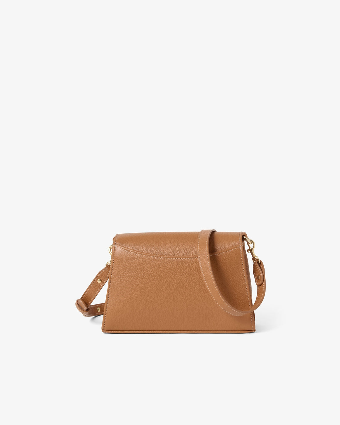 A tan leather crossbody handbag with a structured rectangular shape, a top flap, and a matching shoulder strap, shown from the back against a plain white background.