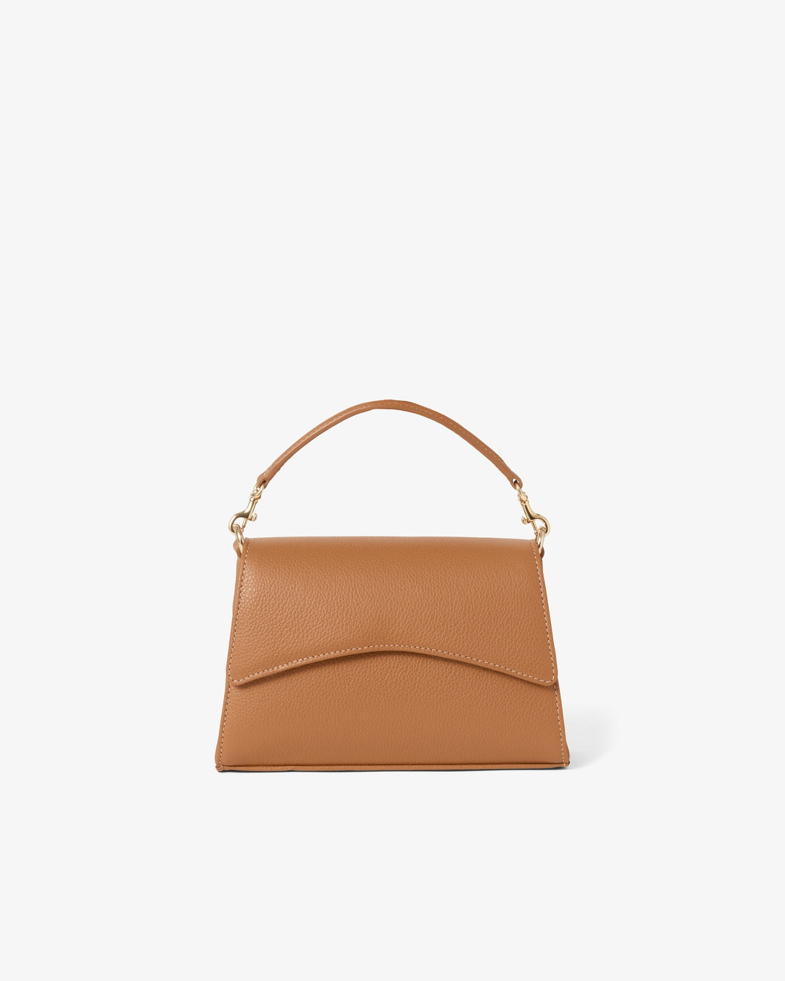 A tan leather handbag with a top handle and gold-tone hardware, shown against a plain white background.