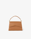 A tan leather handbag with a top handle and gold-tone hardware, shown against a plain white background.
