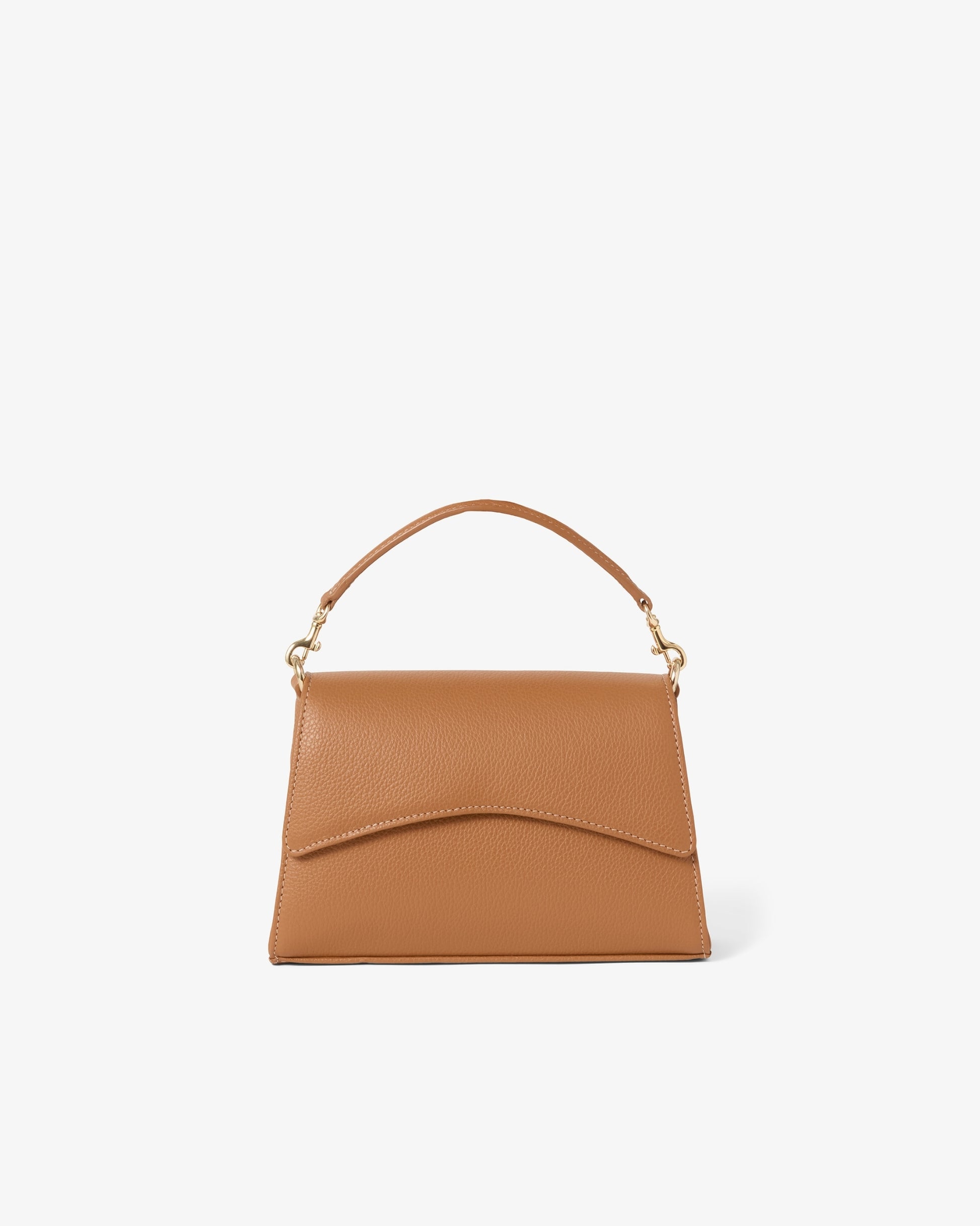 A tan leather handbag with a top handle and gold-tone hardware, shown against a plain white background.