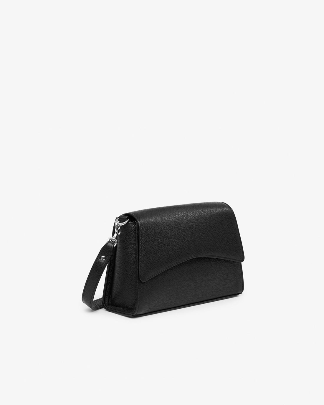 A black leather handbag with silver hardware and a long strap, shown on a white background. 