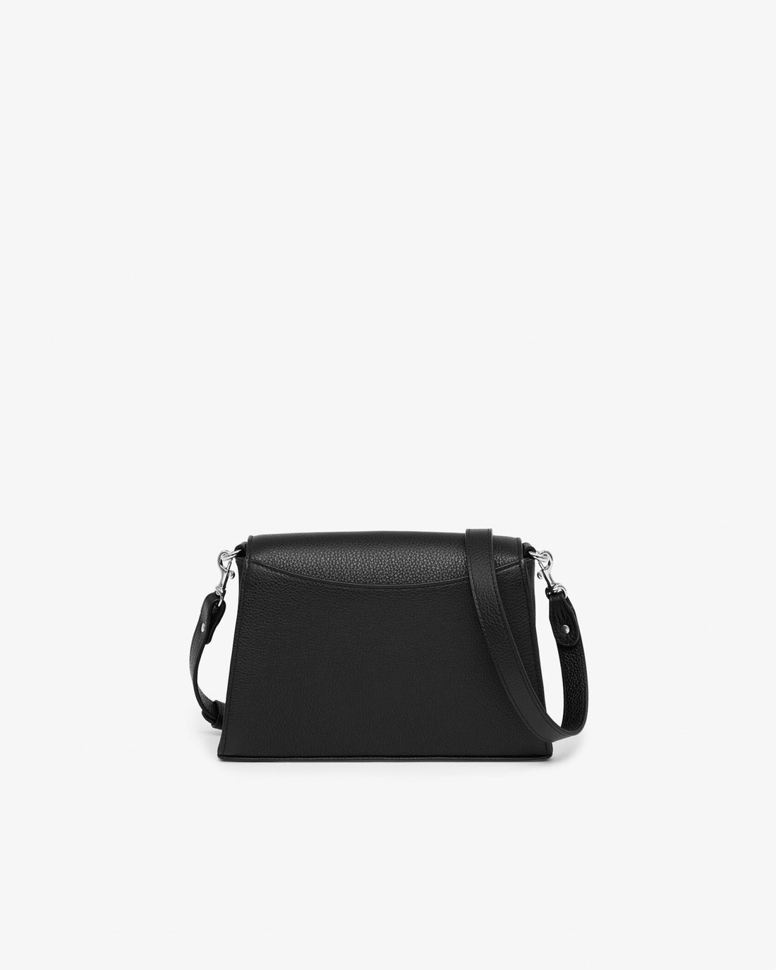 A black leather handbag with a cross body strap, photographed from the back. 