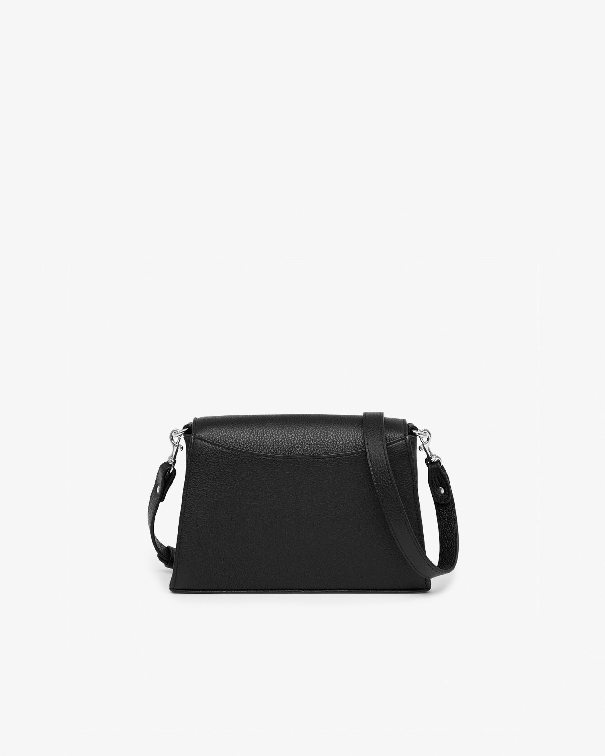 A black leather handbag with a cross body strap, photographed from the back. 