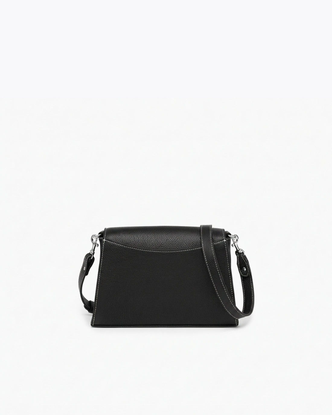 A black leather cross body bag with contrast stitching, silver hardware and an adjustable cross body strap, shown from the back against a white background. 