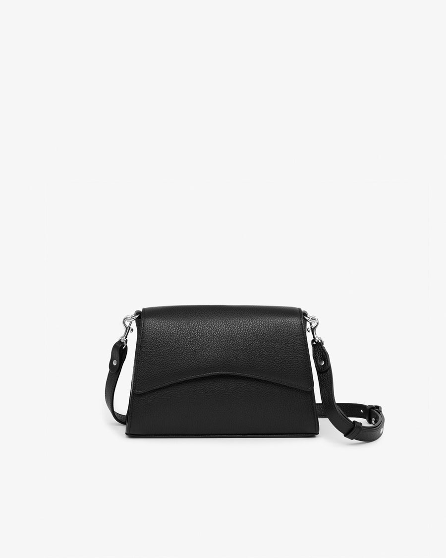 A black pebbled leather crossbody bag with a curved front flap and a detachable shoulder strap, shown against a plain white background.