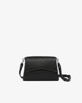 A black pebbled leather crossbody handbag with contrast stitching and silver hardware, with a curved front flap and a matching adjustable shoulder strap, shown against a plain white background.