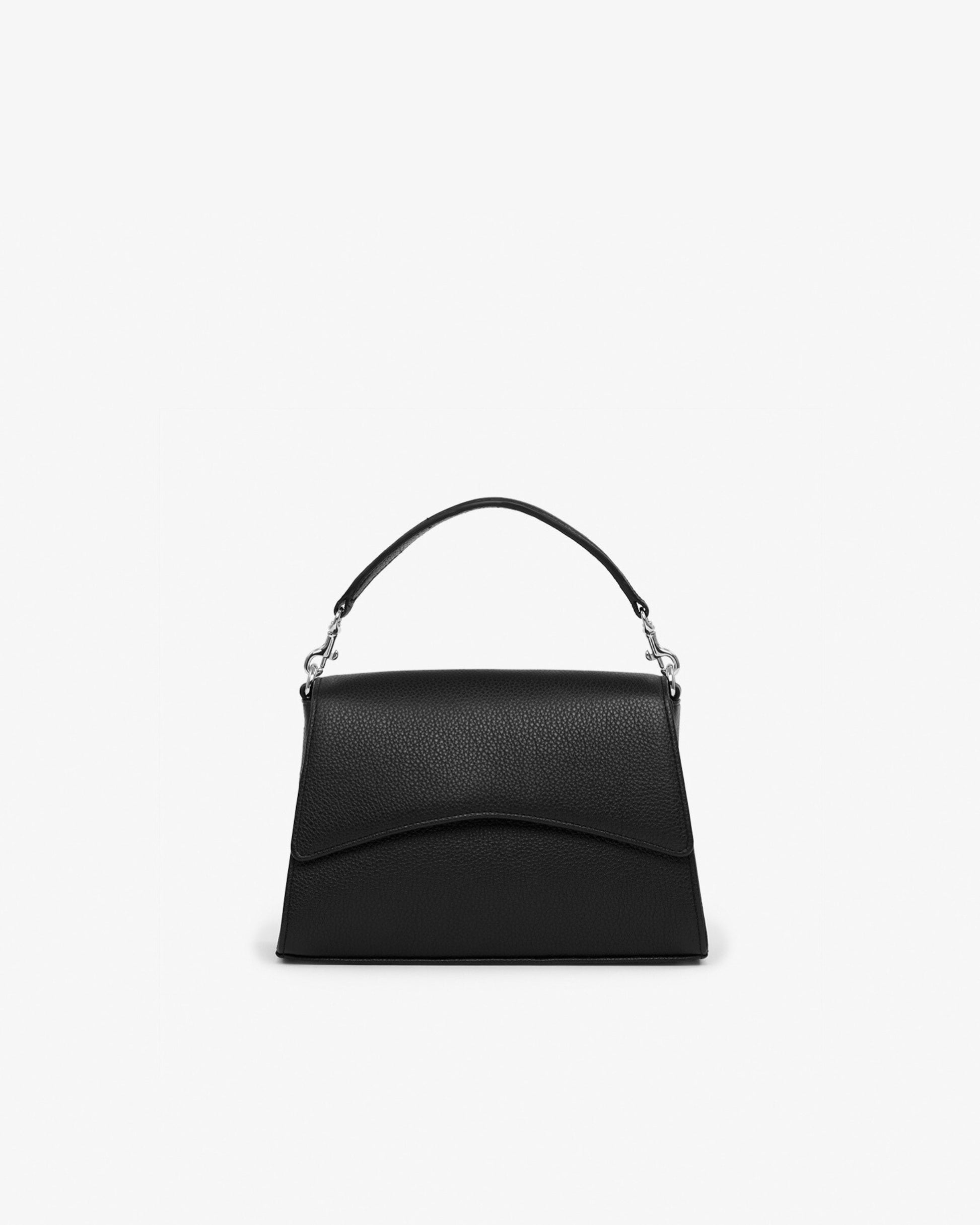 A black pebbled leather handbag with a structured top handle, shown from the front against a plain white background.