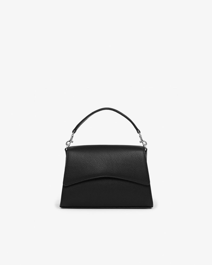 A black pebbled leather handbag with a structured top handle, shown from the front against a plain white background.