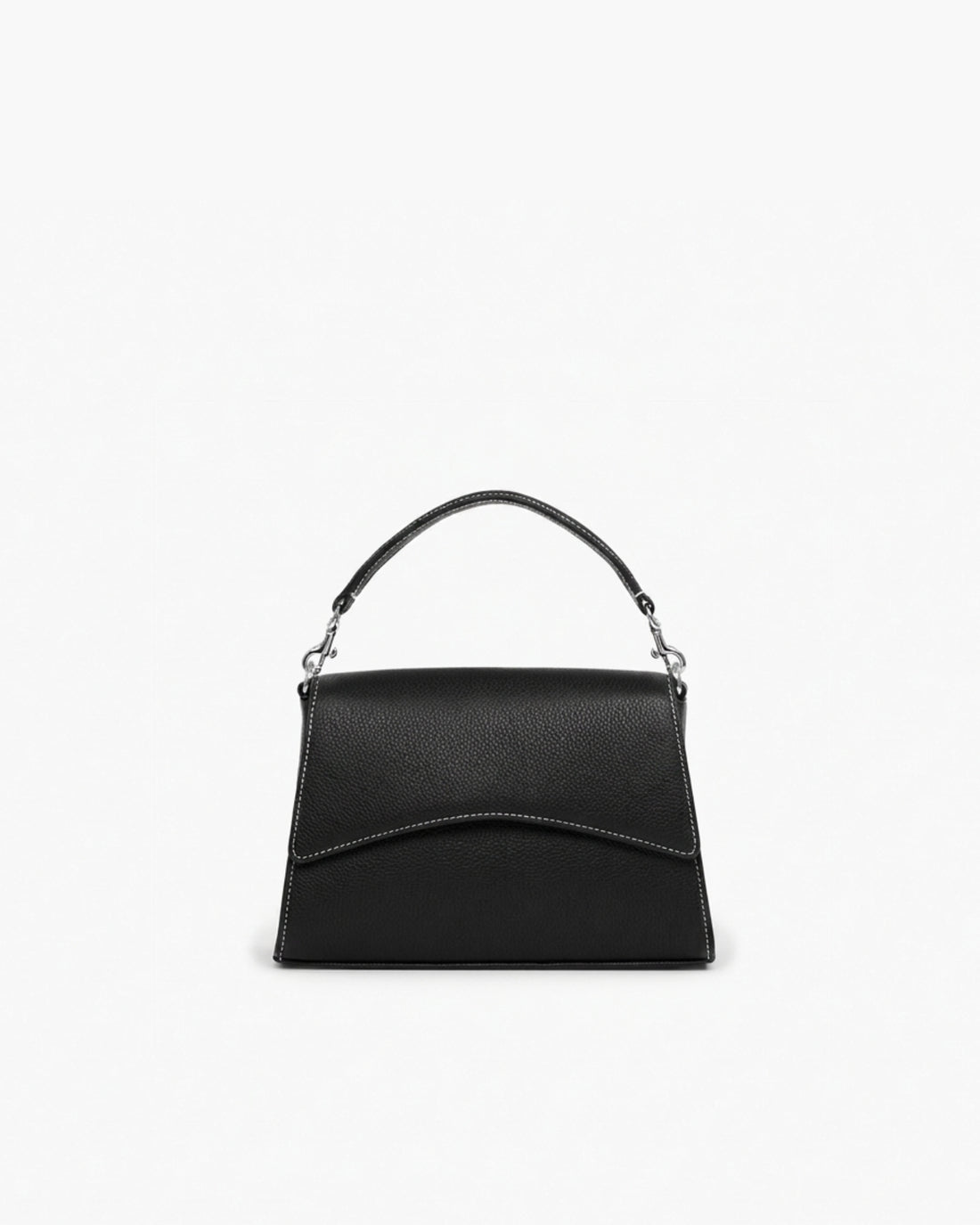 A black pebbled leather handbag with contrast stitching, silver hardware and a structured top handle, shown against a plain white background.