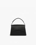 A black pebbled leather handbag with contrast stitching, silver hardware and a structured top handle, shown against a plain white background.